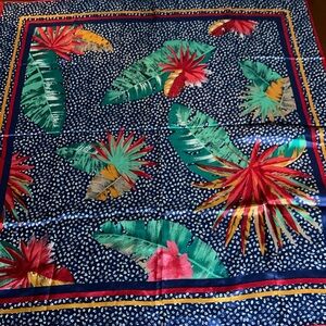 Tropical Floral Silk Scarf in Navy, Green, Red, Yellow etc. 29“ x 29“